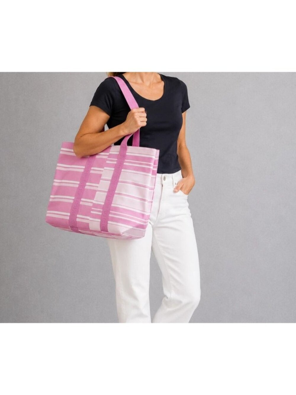 Victoria's Secret Heritage Stripe Canvas Tote Bag Pink Top Zipper 21" x 14" NEW
